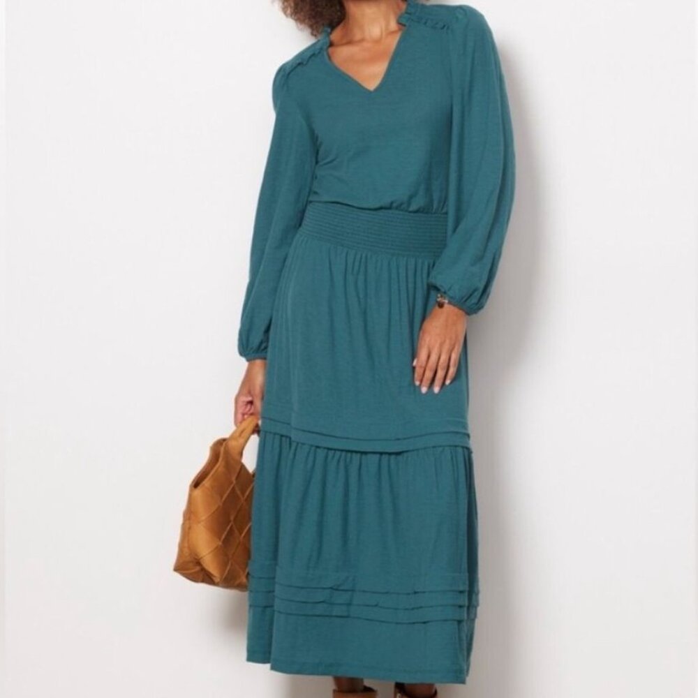 Nation LTD Esta Yoked Tiered Smocked Teal Pima Cotton Midi Dress Size Small